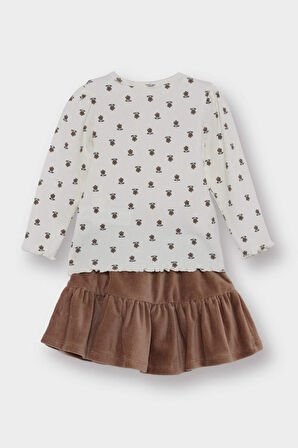 Kız Bebek 3'lü Takım Çiçek Desenli Fitilli Kaşkorse Uzun Kollu Tişört Kadife Etek Külotlu Çorap