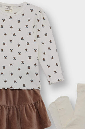 Kız Bebek 3'lü Takım Çiçek Desenli Fitilli Kaşkorse Uzun Kollu Tişört Kadife Etek Külotlu Çorap