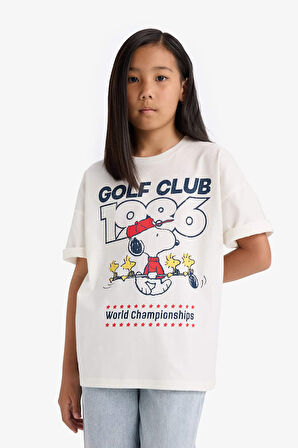 Kız Çocuk Snoopy Oversize Geniş Kalıp Bisiklet Yaka Kısa Kollu Tişört