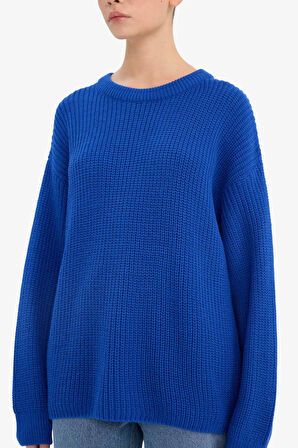 Regular Fit Bisiklet Yaka Selanik Kumaş Basic Düz Triko Kazak