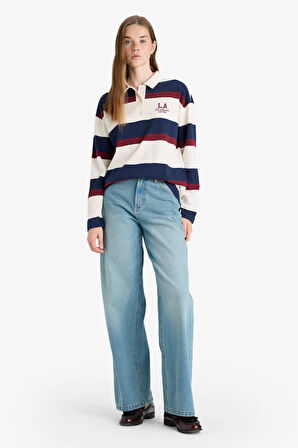Oversize Geniş Kalıp Polo Yaka Çizgili Baskılı Sweatshirt 