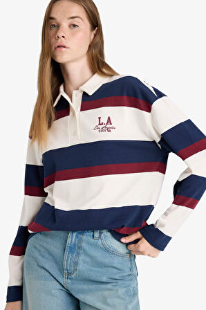 Oversize Geniş Kalıp Polo Yaka Çizgili Baskılı Sweatshirt 