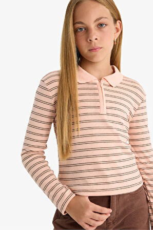 Kız Çocuk Slim Fit Dar Kesim Polo Yaka Çizgili Ribana Uzun Kollu Polo Tişört