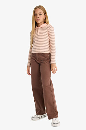 Kız Çocuk Slim Fit Dar Kesim Polo Yaka Çizgili Ribana Uzun Kollu Polo Tişört