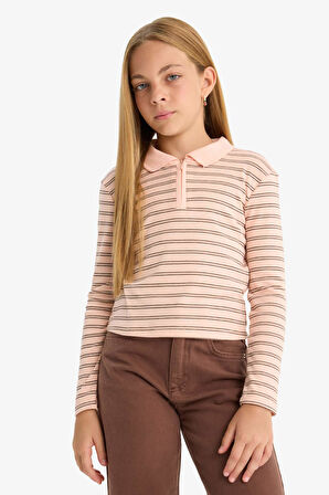 Kız Çocuk Slim Fit Dar Kesim Polo Yaka Çizgili Ribana Uzun Kollu Polo Tişört