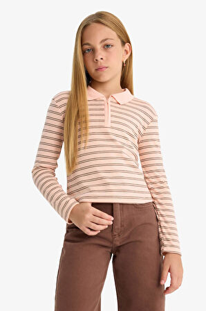 Kız Çocuk Slim Fit Dar Kesim Polo Yaka Çizgili Ribana Uzun Kollu Polo Tişört