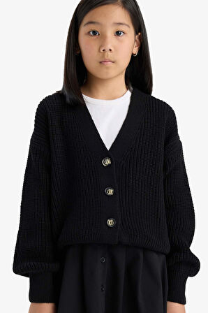 Kız Çocuk V Yaka Düğmeli Triko Hırka