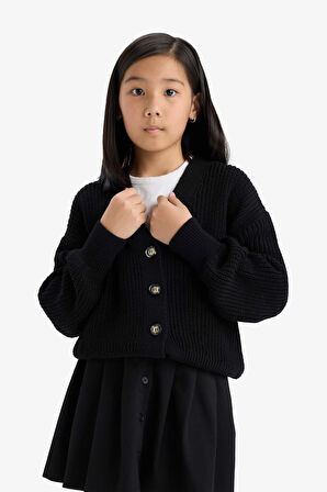 Kız Çocuk V Yaka Düğmeli Triko Hırka