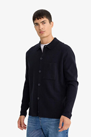 Standart Fit Polo Yaka Düğmeli Ön Cep Detaylı Triko Hırka