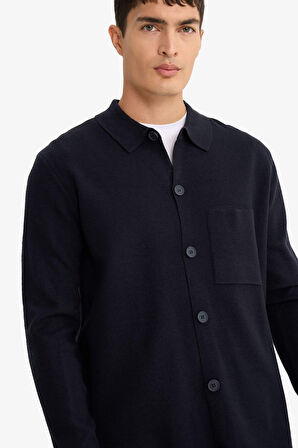 Standart Fit Polo Yaka Düğmeli Ön Cep Detaylı Triko Hırka