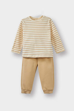 Erkek Bebek 3'lü Takım Pelüş Kapüşonlu Hırka Çizgili Uzun Kollu Tişört Eşofman Altı 