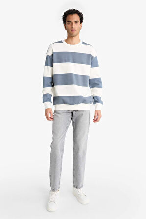 Boxy Fit Bisiklet Yaka Çizgili Sweatshirt