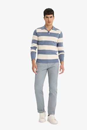 Standart Fit Polo Yaka Düğmeli Renk Bloklu Triko Kazak