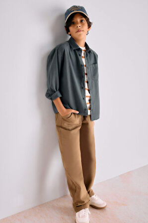 Erkek Çocuk Oversize Geniş Kalıp Polo Yaka Uzun Kollu Gömlek