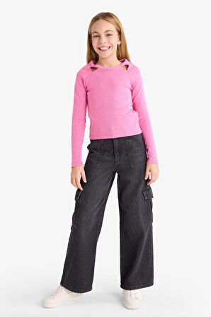 Kız Çocuk Slim Fit Dar Kesim Taşlı Yaka Baskılı Fitilli Kaşkorse Uzun Kollu Tişört