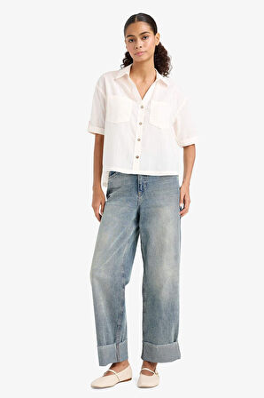 Oversize Geniş Kalıp Gömlek Yaka Pamuklu Kısa Kollu Gömlek