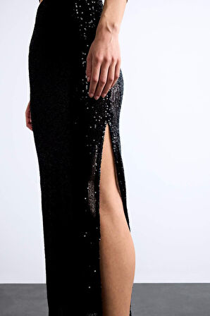 Slim Fit Dar Kesim Payetli Yırtmaçlı Midi Etek