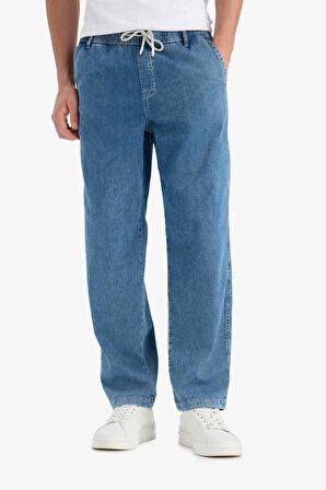 Yazlık Wide Leg Geniş Kalıp Beli Lastikli Geniş Paça Jean Kar Yıkamalı Pantolon