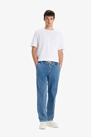 Yazlık Wide Leg Geniş Kalıp Beli Lastikli Geniş Paça Jean Kar Yıkamalı Pantolon