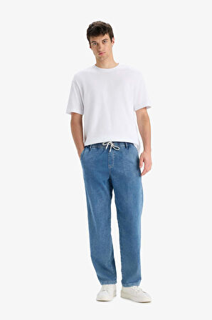 Yazlık Wide Leg Geniş Kalıp Beli Lastikli Geniş Paça Jean Kar Yıkamalı Pantolon