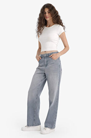 90's Wide Leg Yüksek Bel Uzun Jean Yıkamalı Pantolon