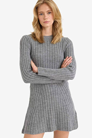 Bisiklet Yaka Ribana Uzun Kollu Mini Elbise