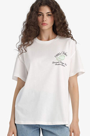 Oversize Geniş Kalıp Bisiklet Yaka Baskılı Kısa Kollu Tişört