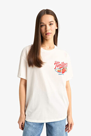 Oversize Geniş Kalıp Bisiklet Yaka Baskılı Kısa Kollu Tişört