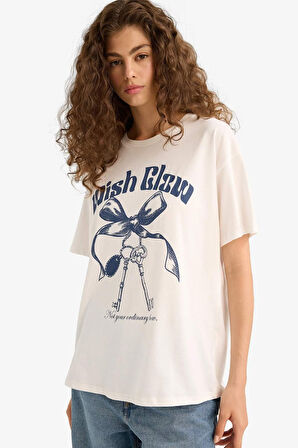 Oversize Geniş Kalıp Bisiklet Yaka Baskılı Kısa Kollu Tişört