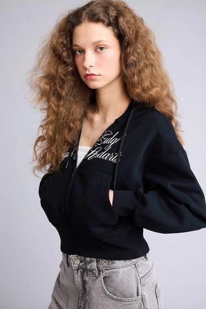 Defacto H0168AXBK81 Siyah Kapüşonlu Baskılı Fermuarlı Sweatshirt