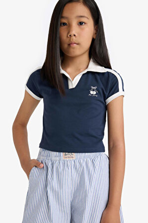 Kız Çocuk Slim Fit Dar Kesim Polo Yaka Meyve Baskılı Kısa Kollu Polo Tişört