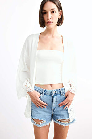 Fitted Bürümcük Brode Bağlamalı Uzun Kollu Bluz