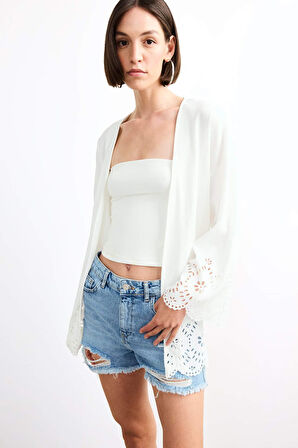 Fitted Bürümcük Brode Bağlamalı Uzun Kollu Bluz