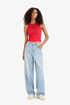 Slim Fit Dar Kesim Baskılı Halter Yaka Fitilli Kaşkorse Atlet