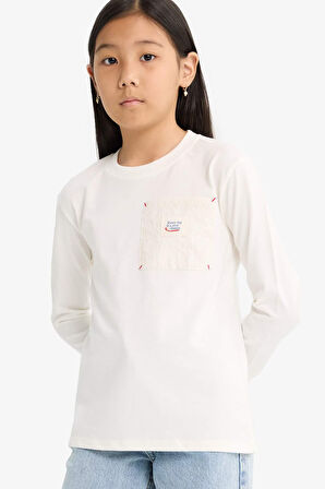 Kız Çocuk Oversize Geniş Kalıp Bisiklet Yaka Baskılı Uzun Kollu Tişört