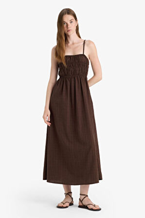 Keten Görünümlü Askılı Maxi Elbise