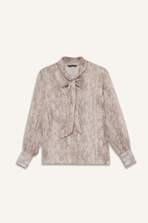 Regular Fit Fiyonk Yaka Yılan Desenli Şifon Uzun Kollu Bluz