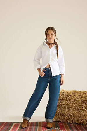 Kız Çocuk Baggy Fit Geniş Paça Jean Pantolon
