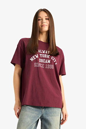 Oversize Geniş Kalıp Bisiklet Yaka Baskılı Kısa Kollu Tişört