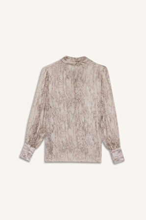 Regular Fit Fiyonk Yaka Yılan Desenli Şifon Uzun Kollu Bluz