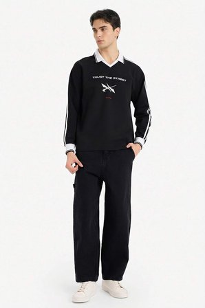 DeFacto Pamuklu Nefes Alabilen Boxy Fıt Baskılı Sweatshirt F8661AX26SPBK81