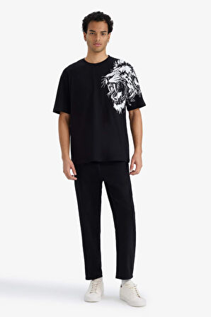 Boxy Fit Bisiklet Yaka Baskılı Kısa Kollu Tişört