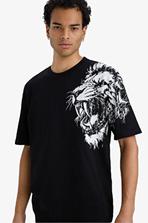 Boxy Fit Bisiklet Yaka Baskılı Kısa Kollu Tişört