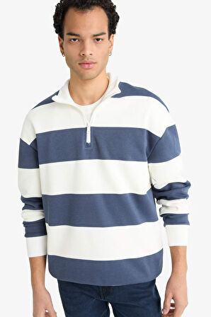 Boxy Fit Dik Yaka Yarım Fermuarlı Çizgili Sweatshirt