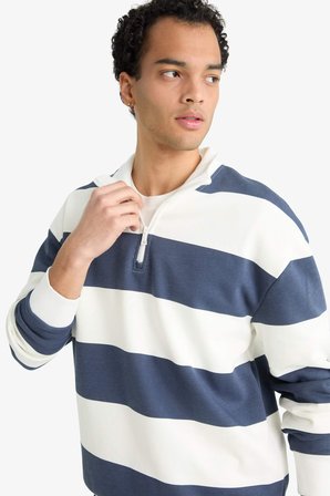 DeFacto Boxy Fit Dik Yaka Yarım Fermuarlı Çizgili Sweatshirt F4640AX25AUNV94
