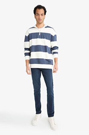 Boxy Fit Dik Yaka Yarım Fermuarlı Çizgili Sweatshirt