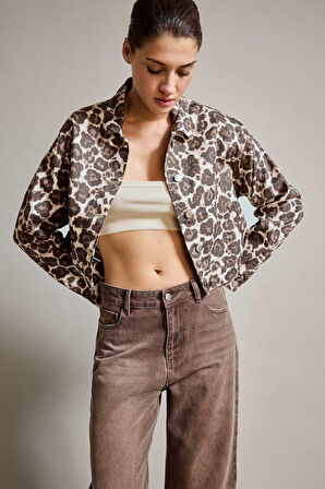 Leopar Desenli Düğmeli Jean Ceket