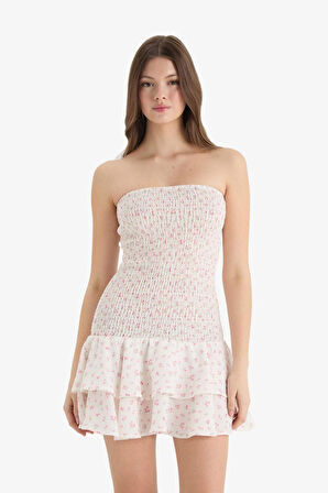 Fitted Straplez Çiçekli Gipeli Mini Elbise