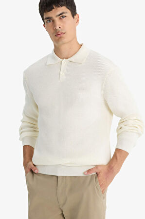 Standart Fit Polo Yaka Düğmeli Triko Kazak