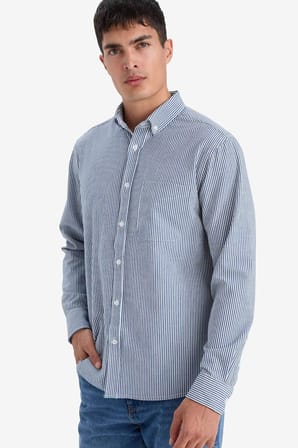 DeFacto Regular Fit Polo Yaka Çizgili Krinkıl Uzun Kollu Gömlek G5333AX25WNBE418
